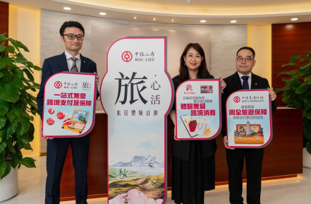 中銀人壽深化業務聯動，聯動中銀香港及中銀集團保險，締造一站式無憂跨境支付體驗及保障。（左至右）中銀人壽市場及產品發展總監魏志煒、中銀信用卡（國際）副總經理陳碧蓮、中銀集團保險數字化拓展部總經理容志豪。